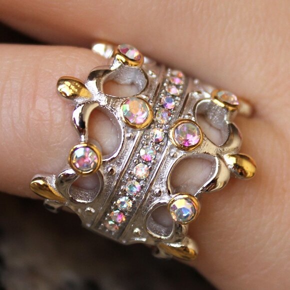 925 Sterling Silver Double Blessing Crown Fleur-de-Lis AB Two Tone Cz Ring 6-10 - Picture 1 of 16